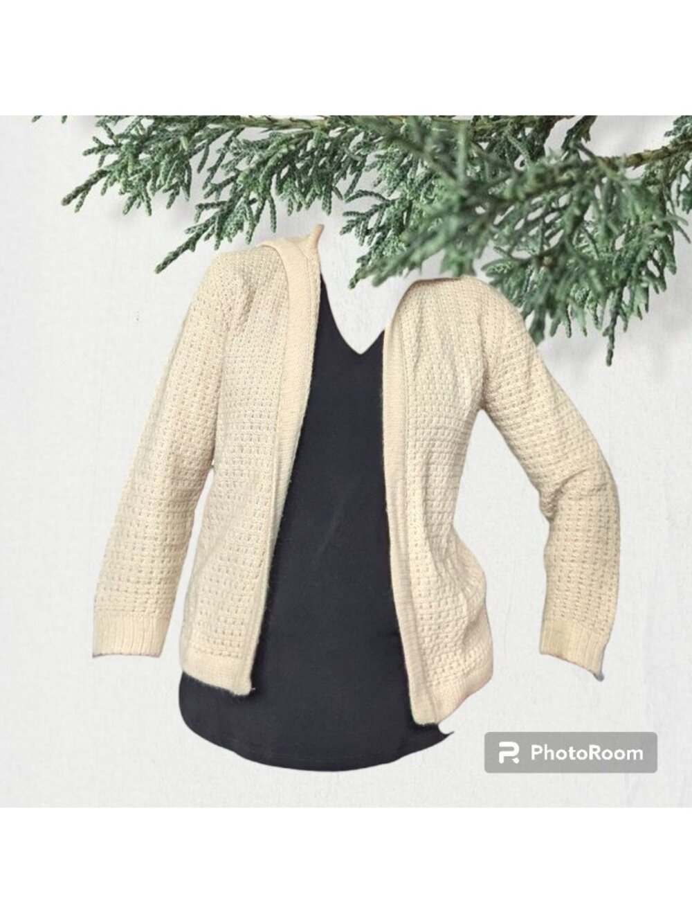 Vintage Bams San Francisco Beige Waffle Knit Open Front Cardigan
